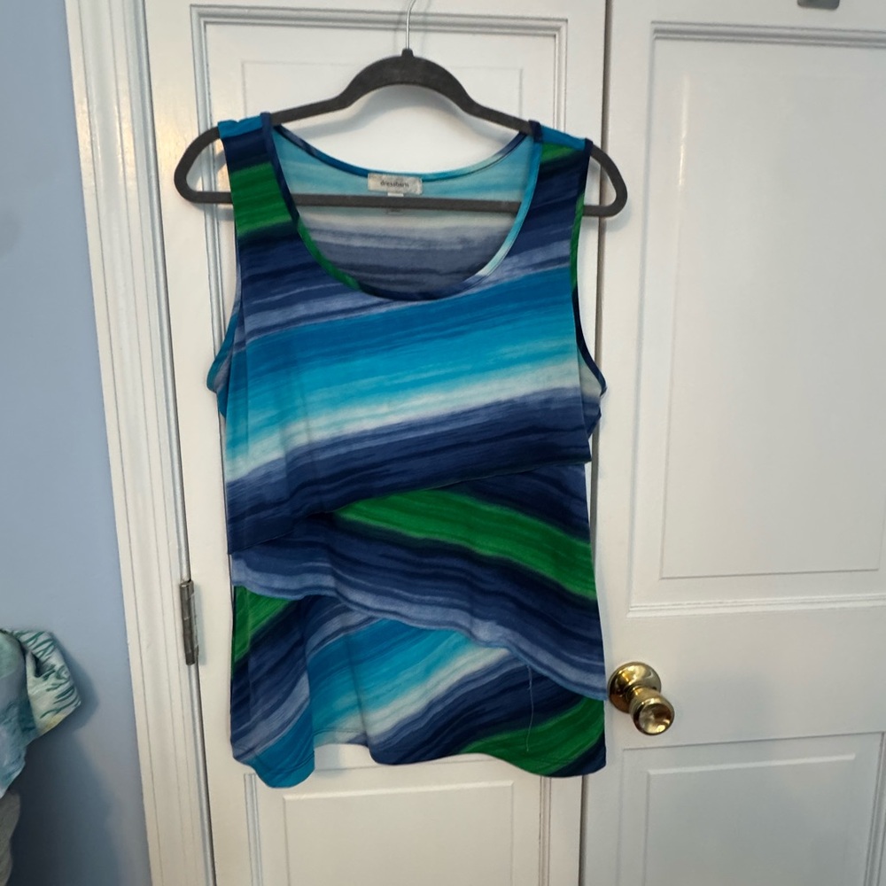 Asymmetric Dressbarn Watercolor blue green flattering Stripe Tank Top – Size L - Picture 2 of 8